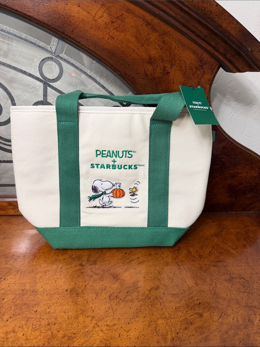 Starbucks x Peanuts Cream Canvas Tote with Green Accents 🎃 HARD TO FIND 🎃